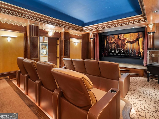 carpeted home theater room featuring a tray ceiling