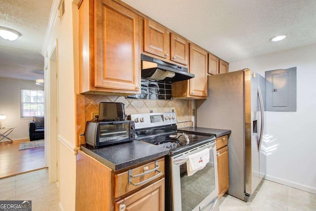 kitchen with backsplash, electric panel, electric range, ornamental molding, and a textured ceiling