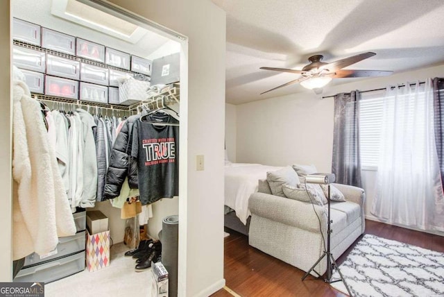 spacious closet featuring ceiling fan and dark hardwood / wood-style floors