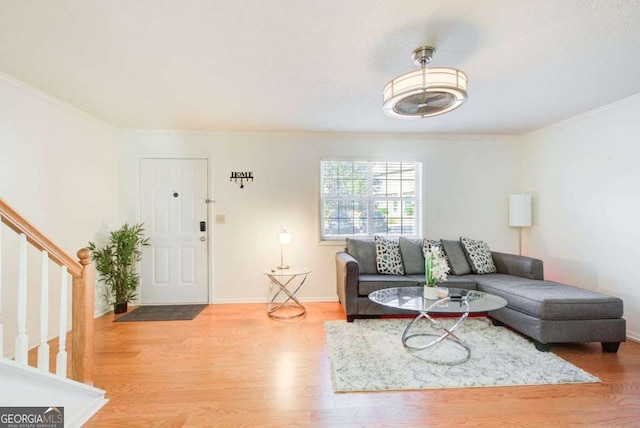 living room with crown molding and hardwood / wood-style flooring