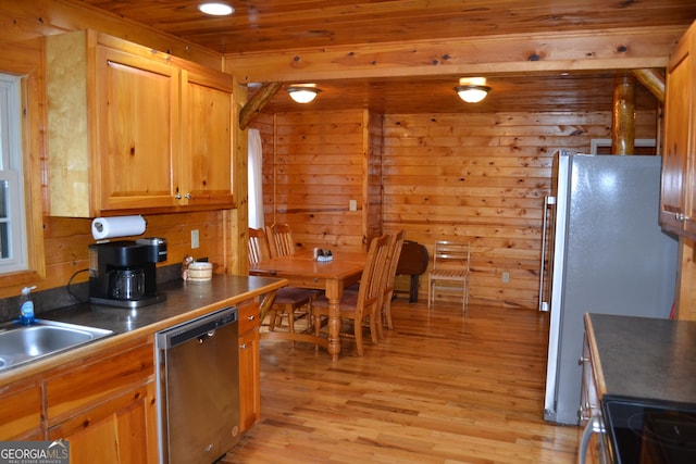 kitchen featuring light hardwood / wood-style flooring, wooden ceiling, wooden walls, and appliances with stainless steel finishes