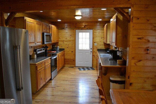 kitchen featuring wood ceiling, light hardwood / wood-style floors, wood walls, and appliances with stainless steel finishes