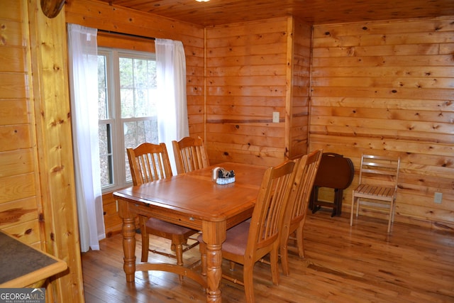 dining space featuring wood ceiling and light hardwood / wood-style floors