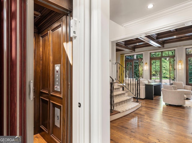 4345 Mount Paran Pkwy NW, Atlanta, GA 30327 - hall with elevator, coffered ceiling, ornamental molding, wood finished floors, and beamed ceiling
