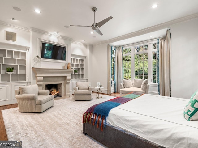 4345 Mount Paran Pkwy NW, Atlanta, GA 30327 - bedroom with ornamental molding, wood finished floors, a fireplace with flush hearth, recessed lighting, and baseboards
