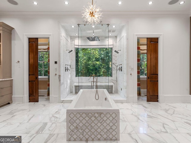 4345 Mount Paran Pkwy NW, Atlanta, GA 30327 - full bath featuring plenty of natural light, a bathtub, a stall shower, marble finish flooring, and recessed lighting