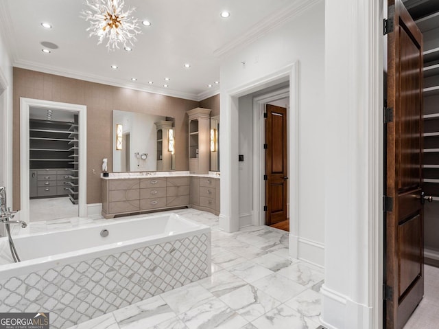 4345 Mount Paran Pkwy NW, Atlanta, GA 30327 - bathroom featuring ornamental molding, a garden tub, recessed lighting, vanity, and a closet