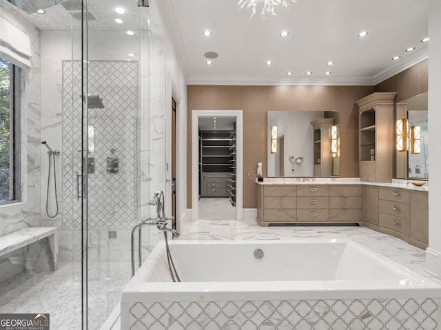 4345 Mount Paran Pkwy NW, Atlanta, GA 30327 - full bathroom with crown molding, tiled shower, a bath, recessed lighting, and vanity