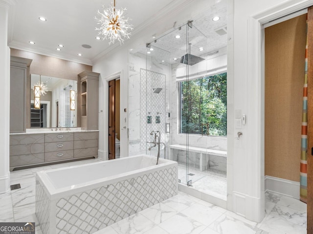 4345 Mount Paran Pkwy NW, Atlanta, GA 30327 - full bathroom featuring crown molding, marble tiled floors, a garden tub, a shower stall, and a chandelier