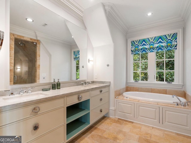 4345 Mount Paran Pkwy NW, Atlanta, GA 30327 - full bathroom with a stall shower, double vanity, a bath, ornamental molding, and recessed lighting