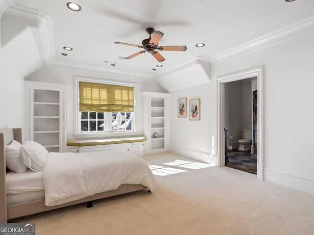 4345 Mount Paran Pkwy NW, Atlanta, GA 30327 - bedroom featuring crown molding, light carpet, recessed lighting, ensuite bath, and baseboards