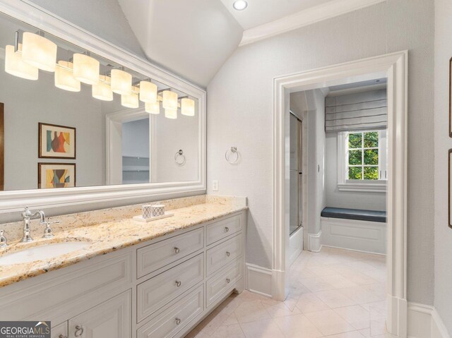 4345 Mount Paran Pkwy NW, Atlanta, GA 30327 - bathroom featuring vanity, tile patterned floors, lofted ceiling, combined bath / shower with glass door, and baseboards