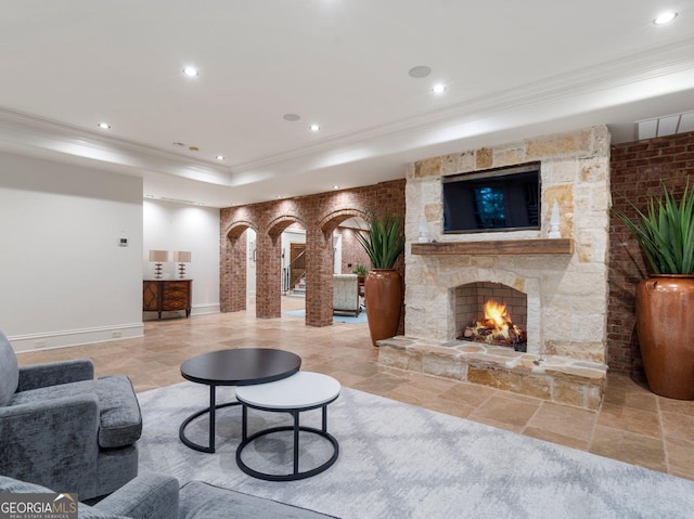 4345 Mount Paran Pkwy NW, Atlanta, GA 30327 - living room with crown molding, a fireplace, recessed lighting, a raised ceiling, and baseboards