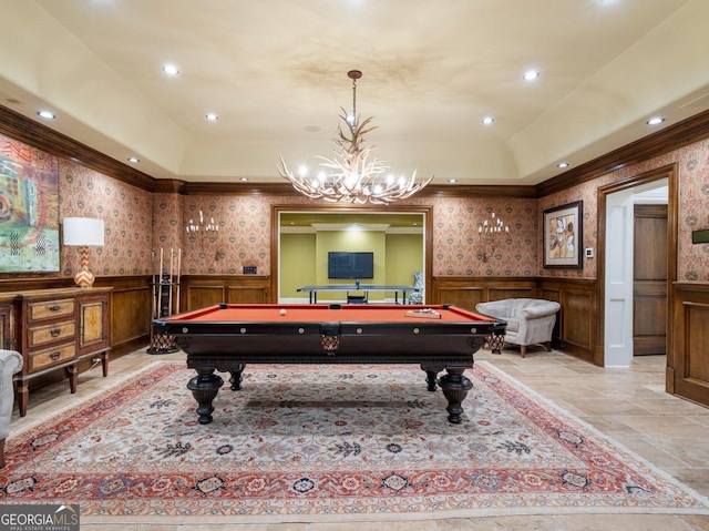 4345 Mount Paran Pkwy NW, Atlanta, GA 30327 - playroom featuring crown molding, pool table, wainscoting, a chandelier, and light stone finish flooring