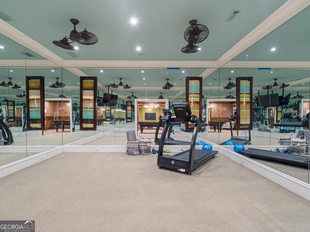 4345 Mount Paran Pkwy NW, Atlanta, GA 30327 - exercise room featuring crown molding, carpet, and a ceiling fan