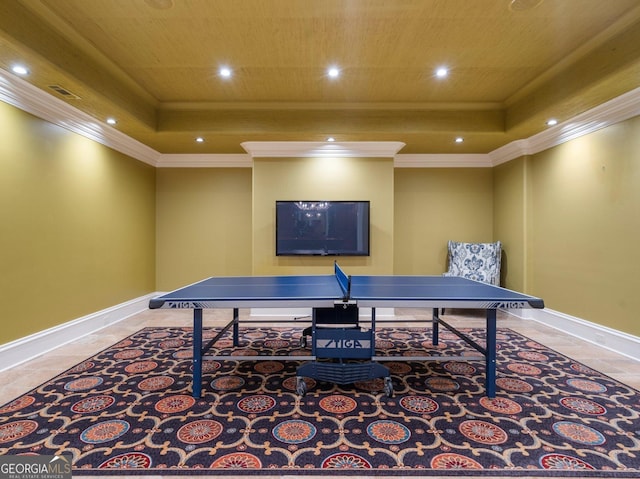 recreation room featuring wooden ceiling, recessed lighting, visible vents, ornamental molding, and a tray ceiling