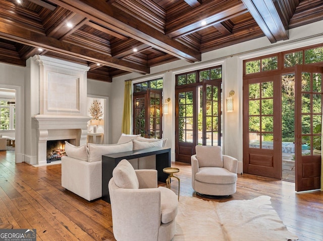 4345 Mount Paran Pkwy NW, Atlanta, GA 30327 - living area featuring wood ceiling, coffered ceiling, beamed ceiling, hardwood / wood-style floors, and a fireplace with flush hearth
