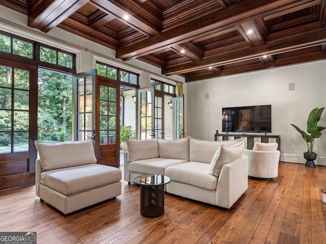 4345 Mount Paran Pkwy NW, Atlanta, GA 30327 - living room with coffered ceiling, wooden ceiling, beamed ceiling, hardwood / wood-style flooring, and baseboards