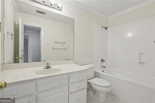 bathroom featuring toilet, tile patterned floors, vanity, tub / shower combination, and ornamental molding
