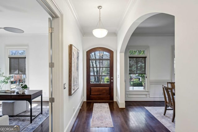 entryway with dark wood-type flooring, a wealth of natural light, and ornamental molding