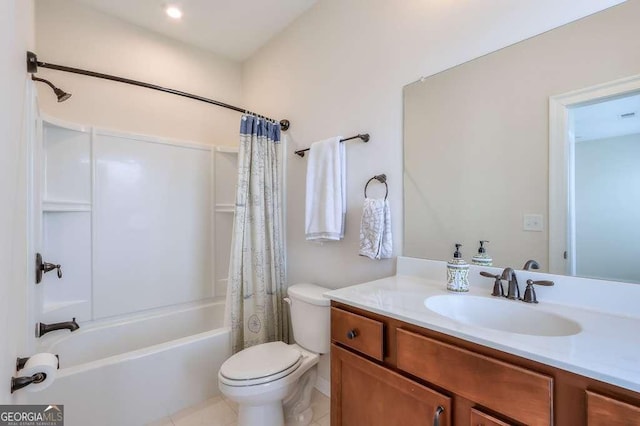 full bathroom featuring toilet, vanity, tile patterned flooring, and shower / bath combo