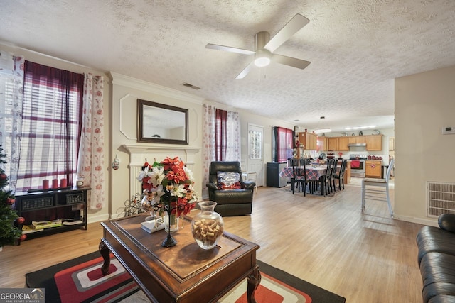 living room with ceiling fan, plenty of natural light, a textured ceiling, and light hardwood / wood-style flooring