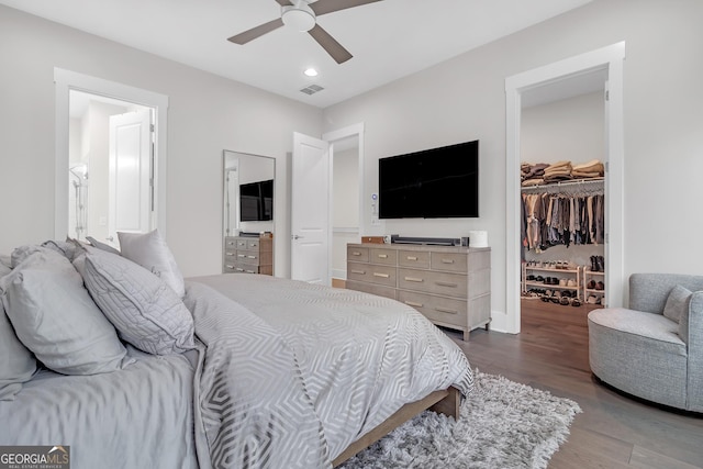 bedroom with a spacious closet, ceiling fan, a closet, and wood-type flooring