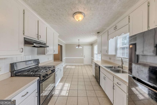 kitchen with hanging light fixtures, white cabinets, and black appliances