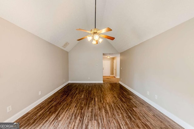 interior space featuring ceiling fan, vaulted ceiling, and hardwood / wood-style flooring