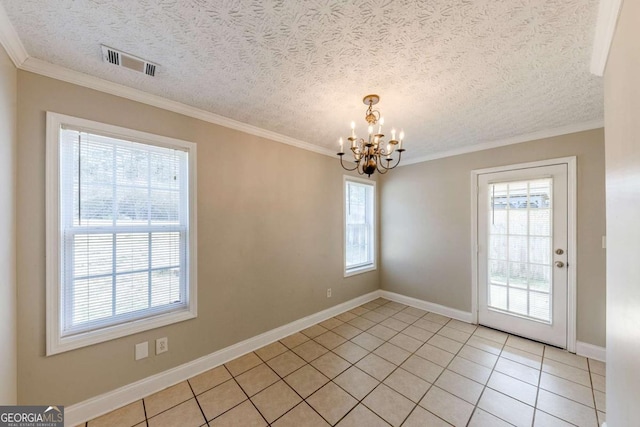 unfurnished dining area featuring a textured ceiling, light tile patterned floors, a chandelier, and crown molding