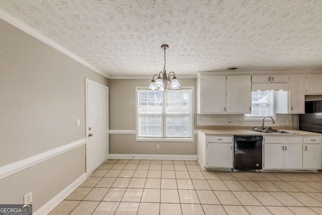 kitchen featuring white cabinets, decorative light fixtures, black dishwasher, decorative backsplash, and light tile patterned floors