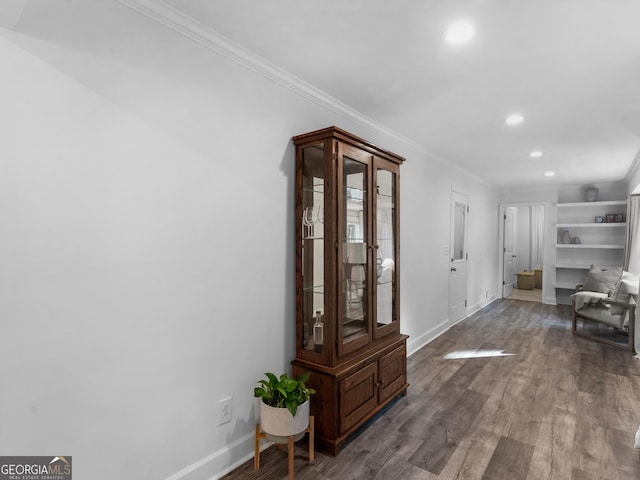 hallway featuring wood-type flooring and crown molding