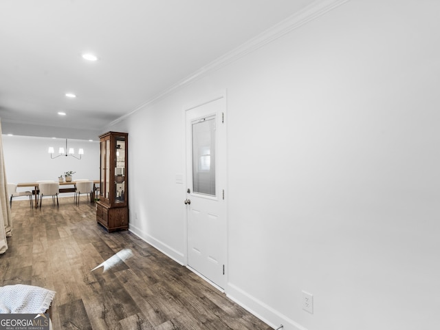 hallway featuring dark hardwood / wood-style flooring and ornamental molding