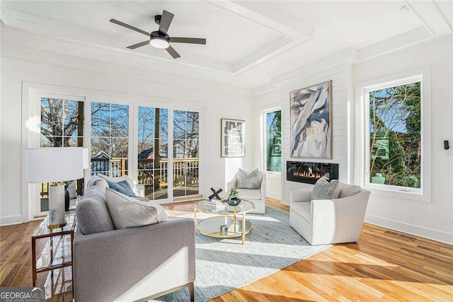 living room featuring a fireplace, wood finished floors, visible vents, a raised ceiling, and crown molding