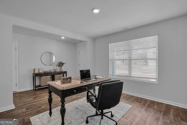 home office featuring hardwood / wood-style floors