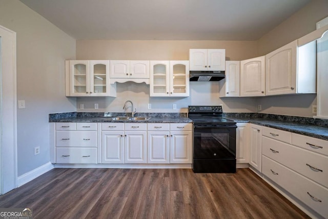 kitchen with dark wood-type flooring, white cabinetry, black range with electric stovetop, and sink