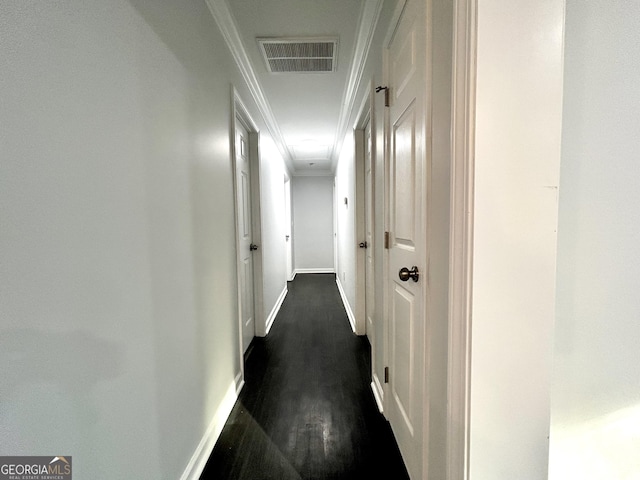 hallway with dark wood-type flooring and crown molding