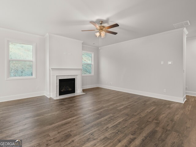 42 Parkview Dr, Dallas, GA 30157 - unfurnished living room with ceiling fan, plenty of natural light, a premium fireplace, and crown molding