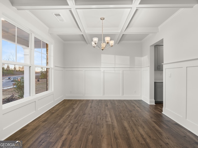 42 Parkview Dr, Dallas, GA 30157 - unfurnished dining area with dark wood-type flooring, an inviting chandelier, ornamental molding, beam ceiling, and coffered ceiling