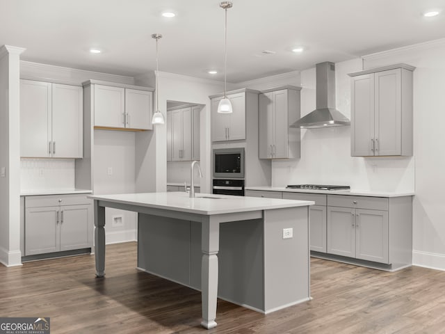 42 Parkview Dr, Dallas, GA 30157 - kitchen with sink, appliances with stainless steel finishes, wall chimney range hood, and gray cabinets