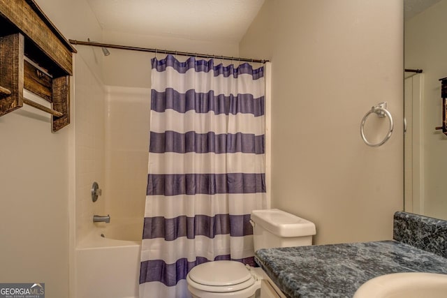 full bathroom with toilet, vanity, and shower / tub combo with curtain