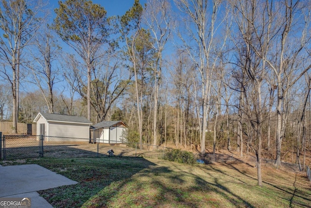 view of yard featuring a storage unit