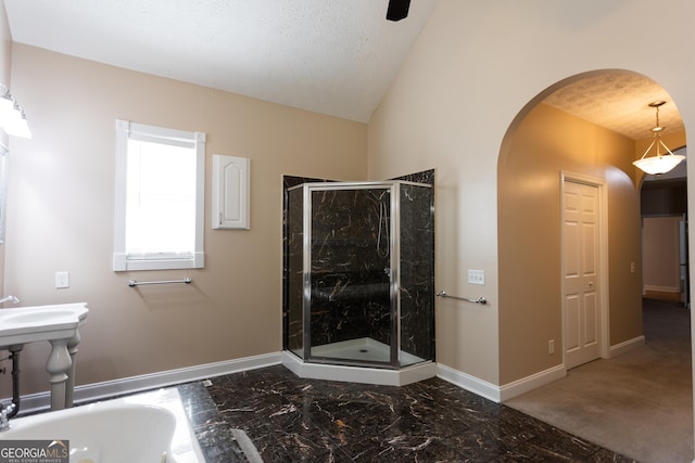 bathroom with vaulted ceiling and a shower with door