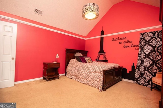 carpeted bedroom featuring vaulted ceiling