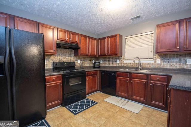 kitchen with sink, a textured ceiling, backsplash, and black appliances