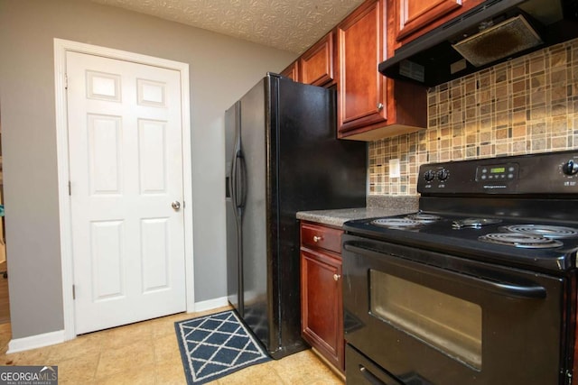 kitchen with range hood, decorative backsplash, a textured ceiling, and black appliances