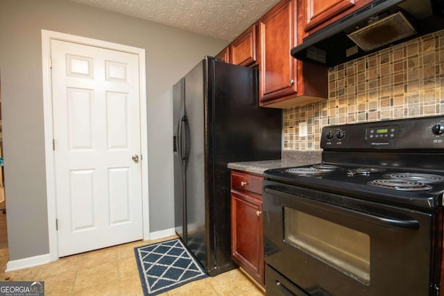 kitchen featuring a textured ceiling, ventilation hood, tasteful backsplash, and black appliances