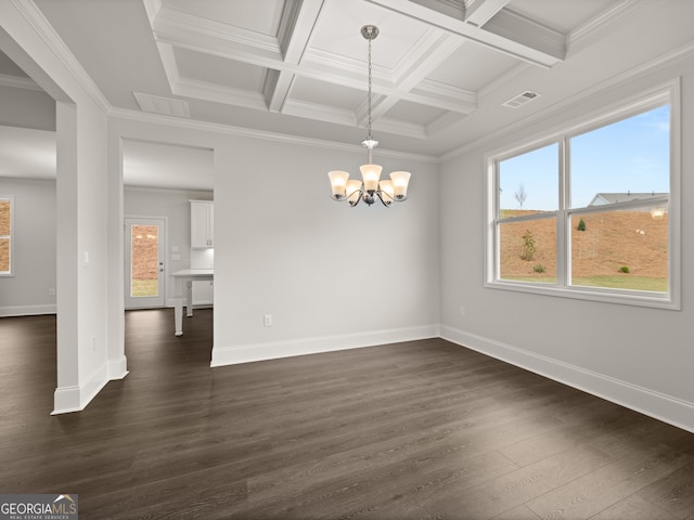 empty room with beam ceiling, an inviting chandelier, coffered ceiling, and ornamental molding