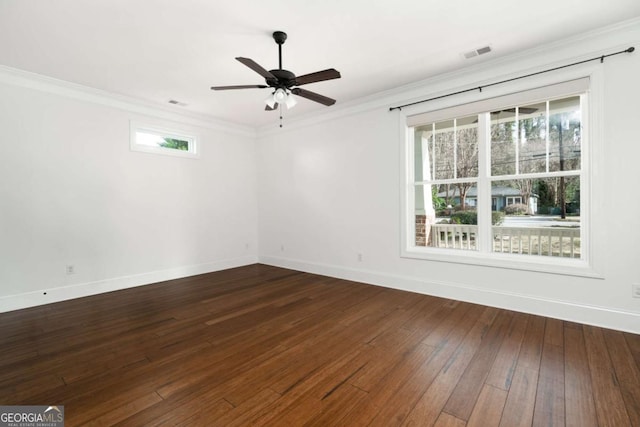 unfurnished room featuring ceiling fan, ornamental molding, and dark hardwood / wood-style floors