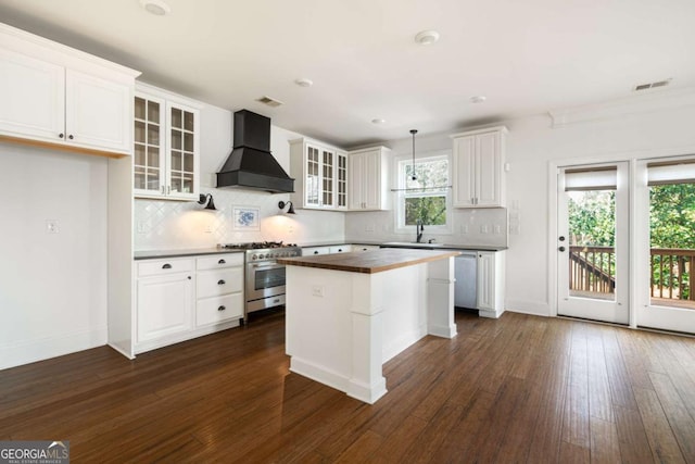 kitchen with appliances with stainless steel finishes, premium range hood, white cabinetry, and a kitchen island